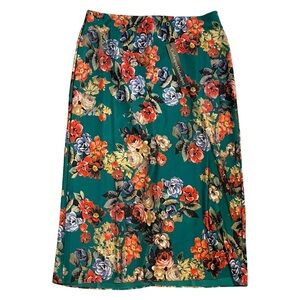 Catherine Malandrino Green & Floral Satin Skirt Blooming Botanical Size L NWT